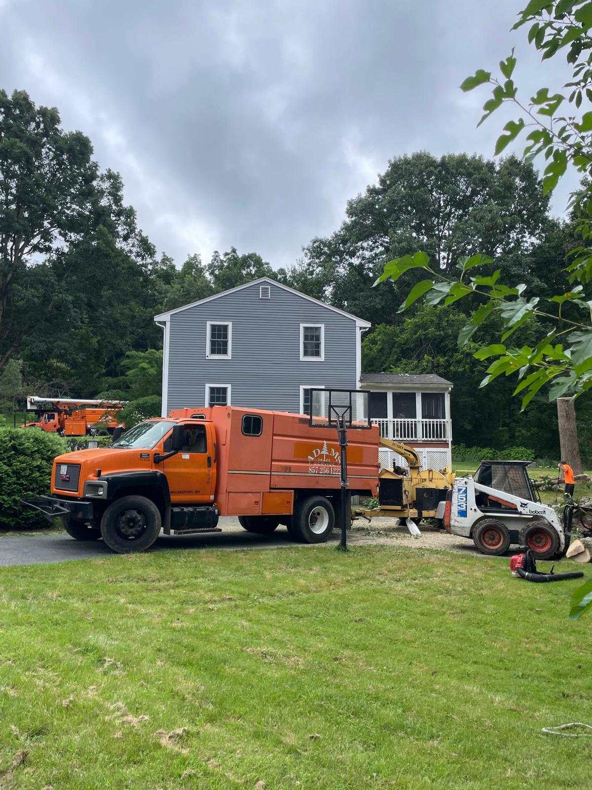 Chip truck, chipper and skid steer on a lawn beside a house