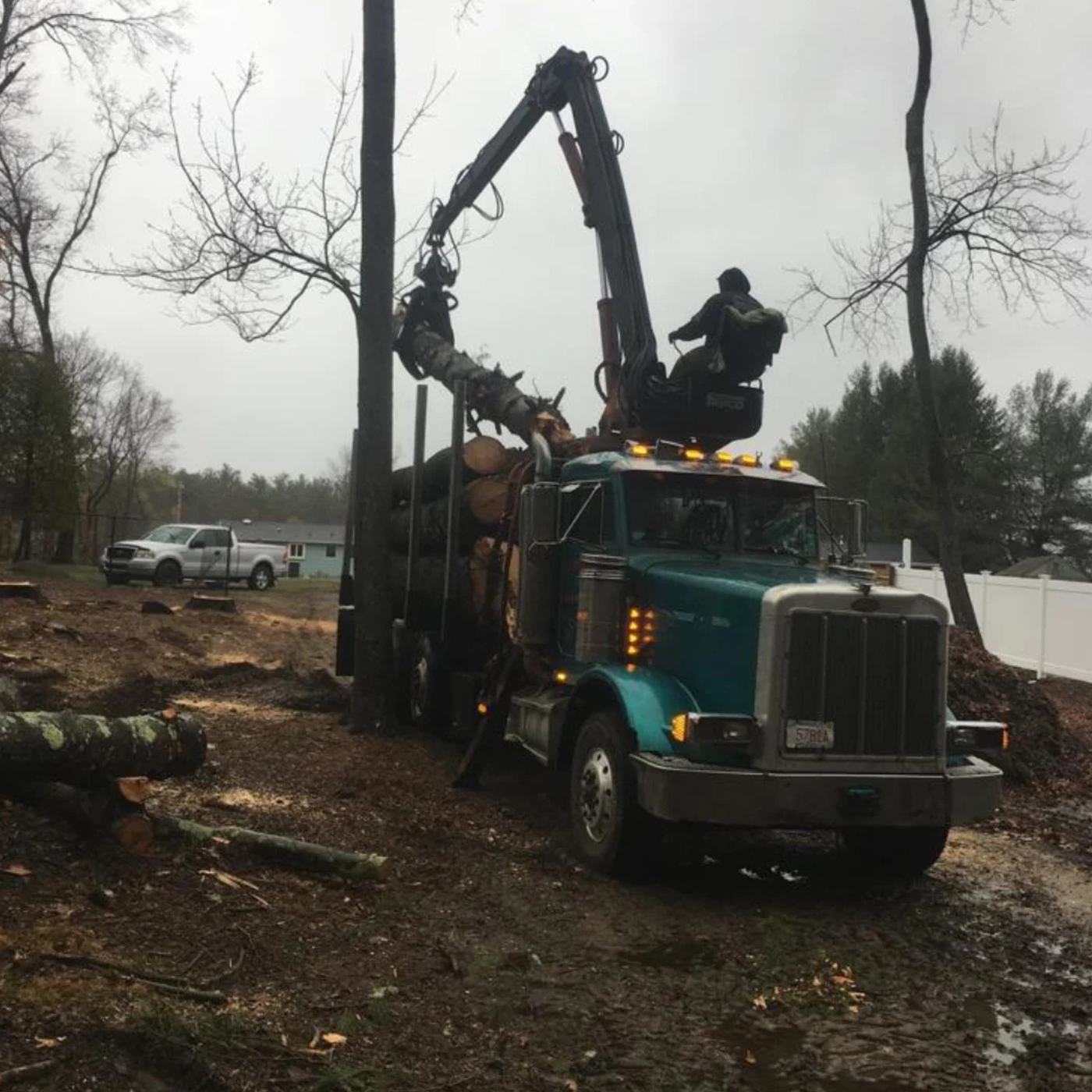 Grapple truck lifting logs onto the truck bed